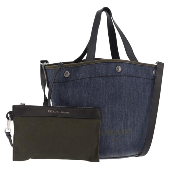 PRADA Hand Bag Denim 2way Navy Silver Auth ep14719A