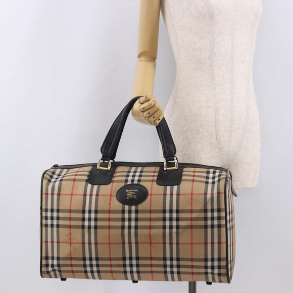 Burberrys Nova Check Boston Bag Canvas Beige Gold Auth ep14727