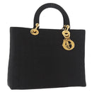 Christian Dior Lady Dior Canage Hand Bag Canvas 2way Black Gold Auth ep14735-1