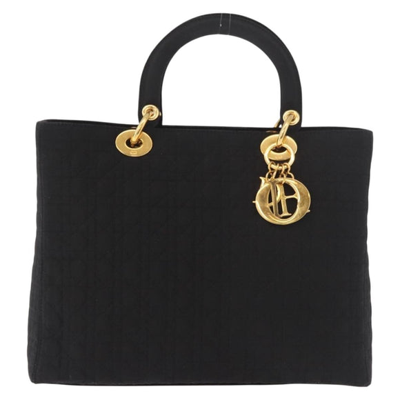 Christian Dior Lady Dior Canage Hand Bag Canvas 2way Black Gold Auth ep14735