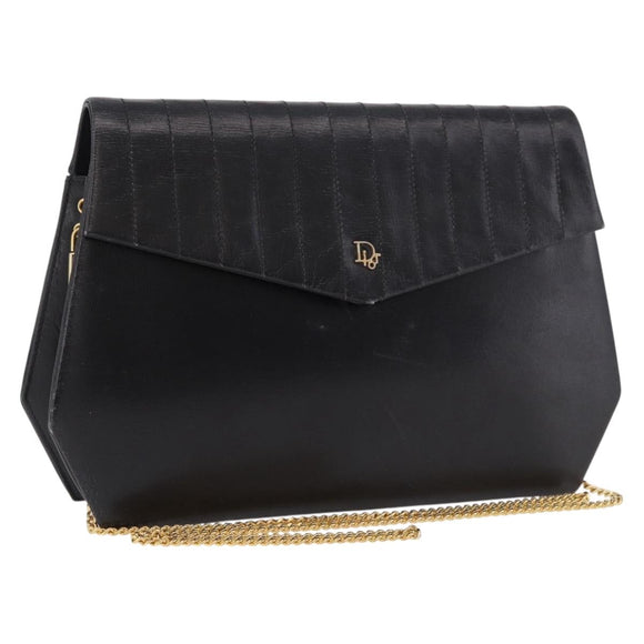 Christian Dior Chain Shoulder Bag Leather Black Gold Auth ep14757A