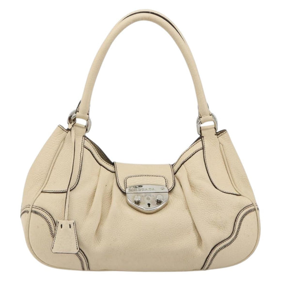 PRADA Hand Bag Leather Ivory Silver Auth ep14770A
