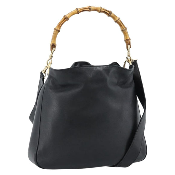 GUCCI Bamboo Hand Bag Leather 2way Black Gold 001 1638 Auth ep14771