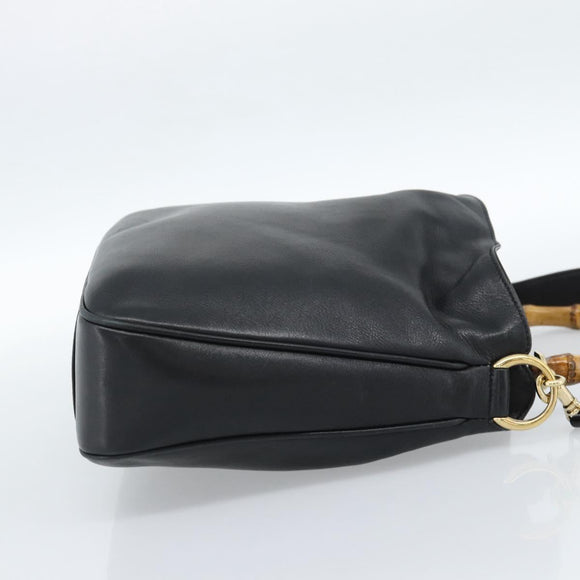 GUCCI Bamboo Hand Bag Leather 2way Black Gold 001 1638 Auth ep14771