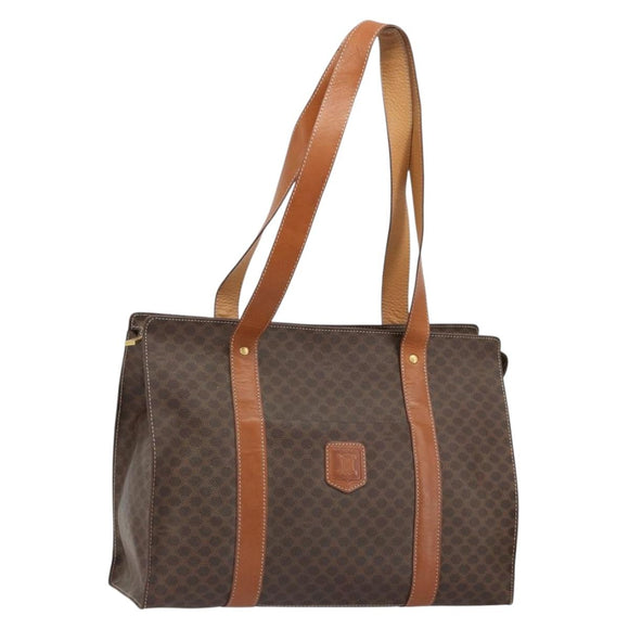 CELINE Macadam Canvas Draagtas PVC Leer Bruin Goud Auth ep14781