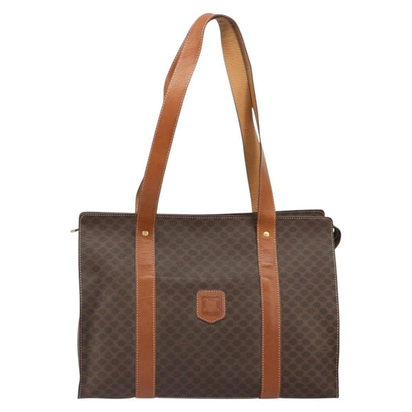 CELINE Macadam Canvas Draagtas PVC Leer Bruin Goud Auth ep14781