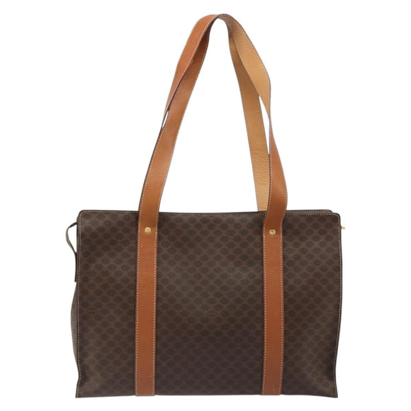 CELINE Macadam Canvas Draagtas PVC Leer Bruin Goud Auth ep14781