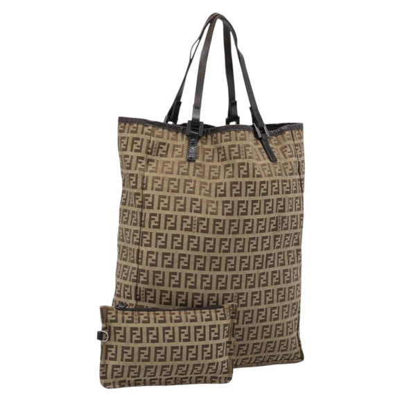 FENDI Zucchino Canvas Hand Bag Beige Silver Auth ep14812