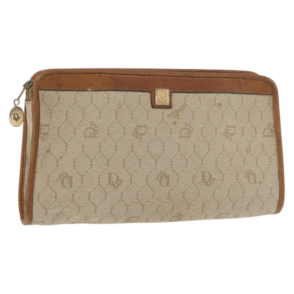 Christian Dior Honeycomb Canvas Clutch Tas PVC Beige Auth ep14816