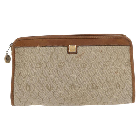 Christian Dior Honeycomb Canvas Clutch Tas PVC Beige Auth ep14816