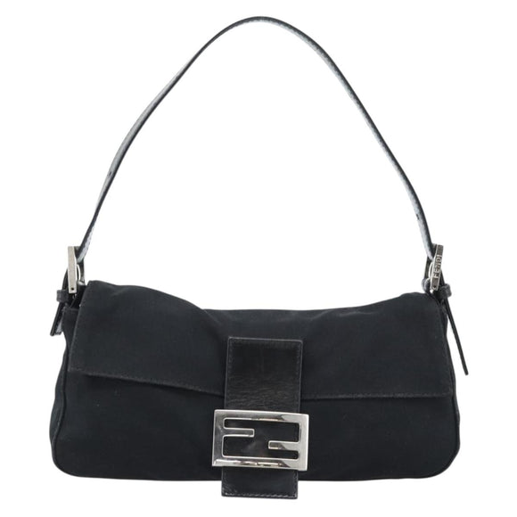 FENDI Mamma Baguette Shoulder Bag Cotton jersey Black Silver Auth ep14820