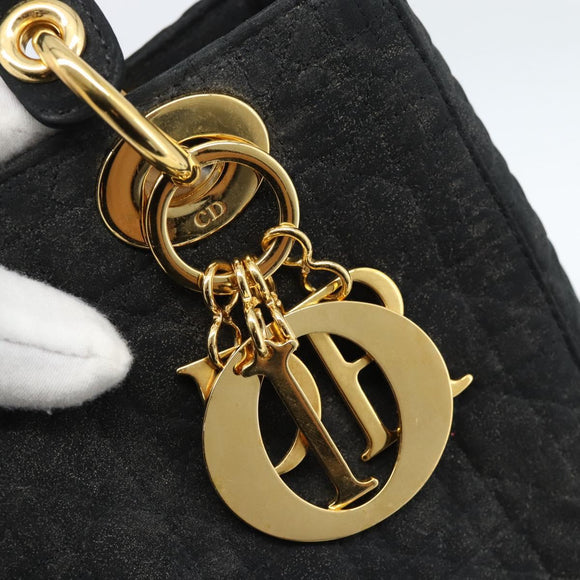 Christian Dior Lady Dior Canage Hand Bag Canvas Black Gold Auth ep14827