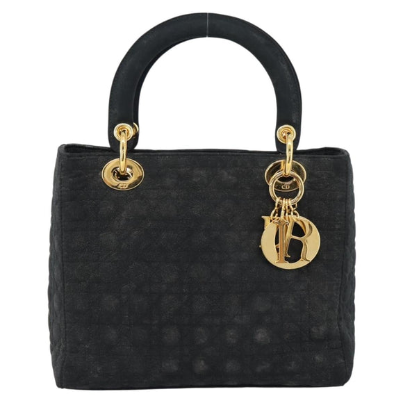 Christian Dior Lady Dior Canage Hand Bag Canvas Black Gold Auth ep14827