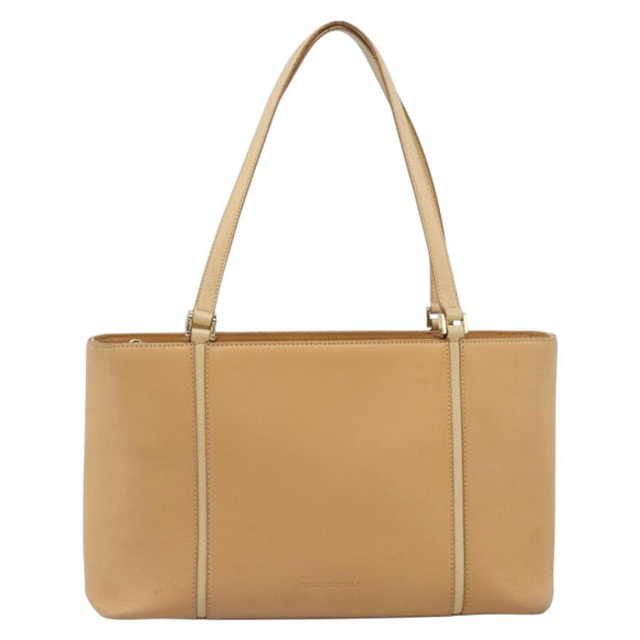 BURBERRY Tote Bag Leather Beige Gold Auth ep14835