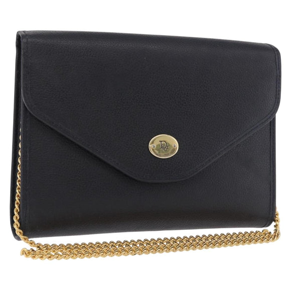 Christian Dior Chain Shoulder Bag Leather Black Gold Auth ep14836
