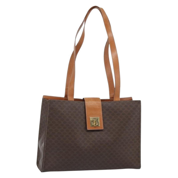 CELINE Macadam Canvas Tote Bag PVC Leather Brown Gold Auth ep14838