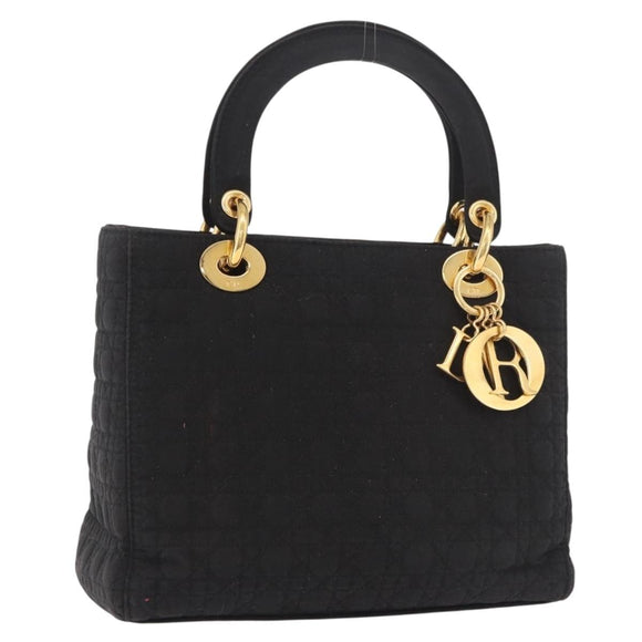 Christian Dior Lady Dior Canage Hand Bag Canvas Black Gold Auth ep14850