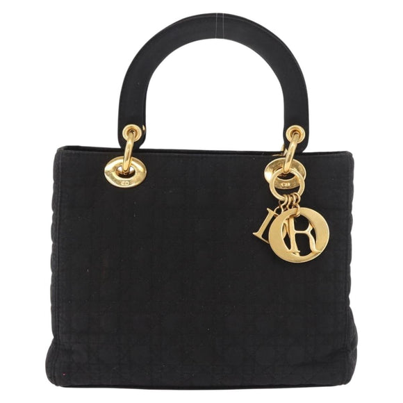 Christian Dior Lady Dior Canage Hand Bag Canvas Black Gold Auth ep14850