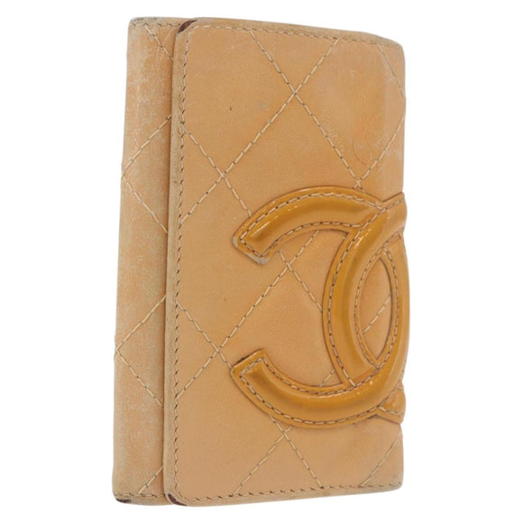 CHANEL Cambon Line Matelasse Key Case Leather Beige Silver CC Auth ep14903