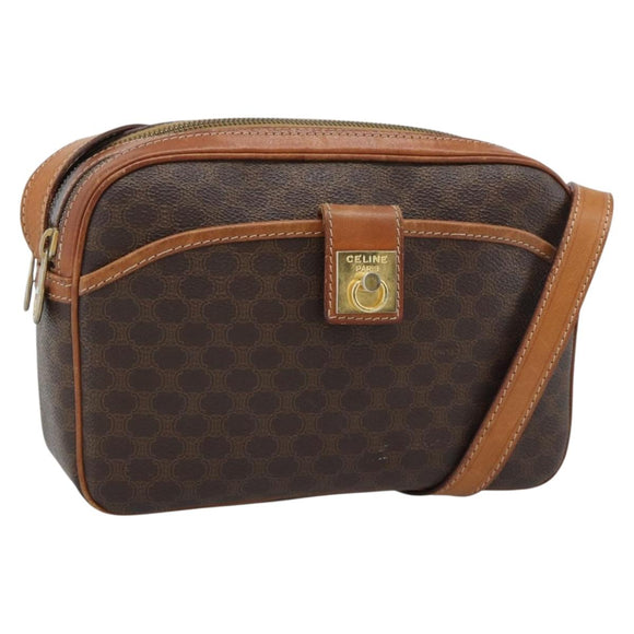 CELINE Macadam Canvas Shoulder Bag PVC Leather Brown Gold Auth ep14921