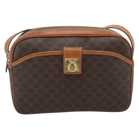 CELINE Macadam Canvas Shoulder Bag PVC Leather Brown Gold Auth ep14921