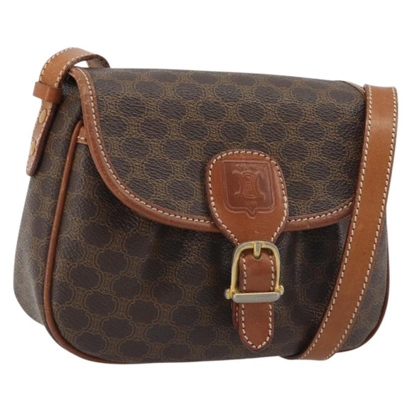 CELINE Macadam Canvas Shoulder Bag PVC Leather Brown Gold Auth ep14938