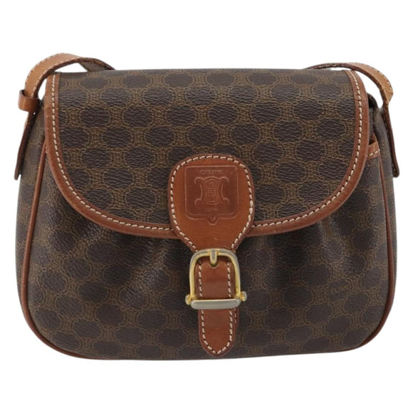 CELINE Macadam Canvas Shoulder Bag PVC Leather Brown Gold Auth ep14938