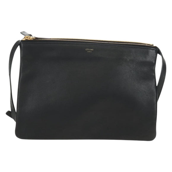 CELINE Trio Shoulder Bag Leather Black Gold Auth ep14940V