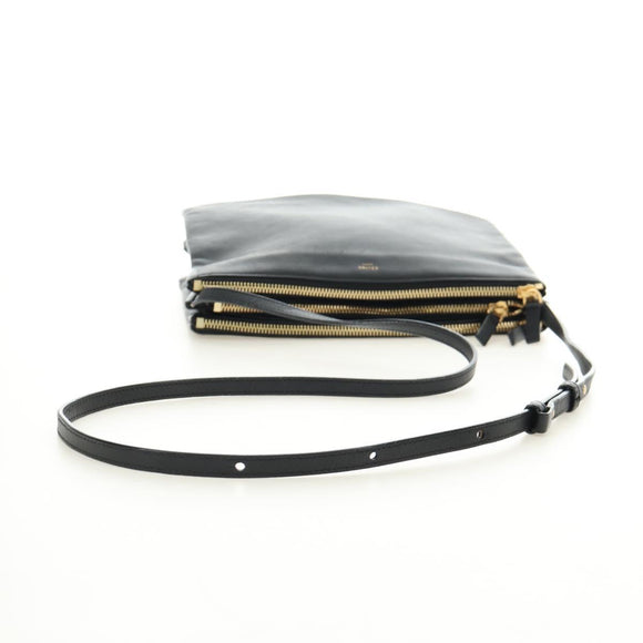 CELINE Trio Shoulder Bag Leather Black Gold Auth ep14940V