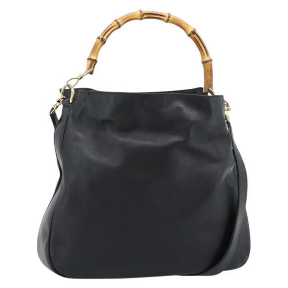 GUCCI Bamboo Hand Bag Leather 2way Black Gold 001 2058 1577 Auth ep14945