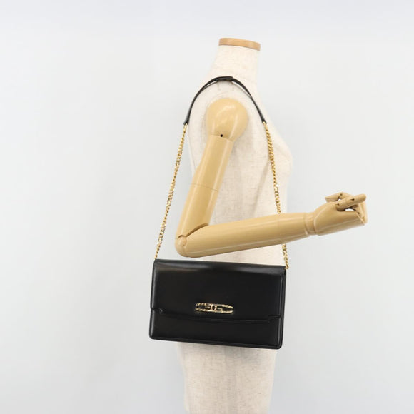 GUCCI Chain Shoulder Bag Leather Black Gold Auth ep14950
