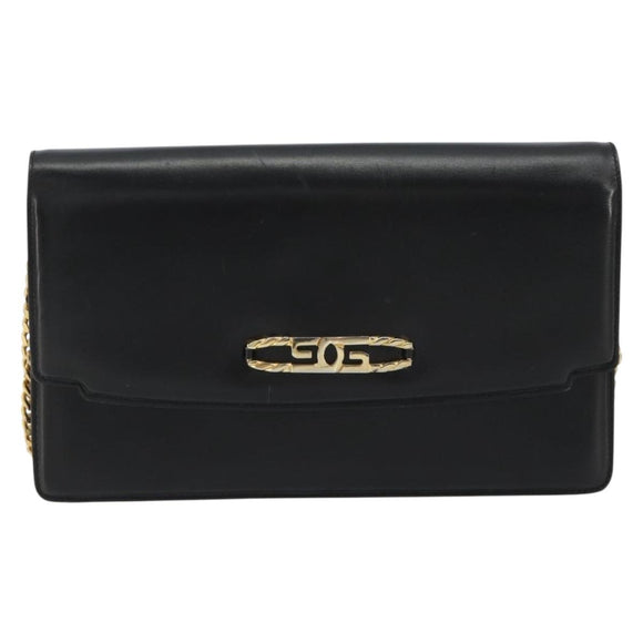 GUCCI Chain Shoulder Bag Leather Black Gold Auth ep14950