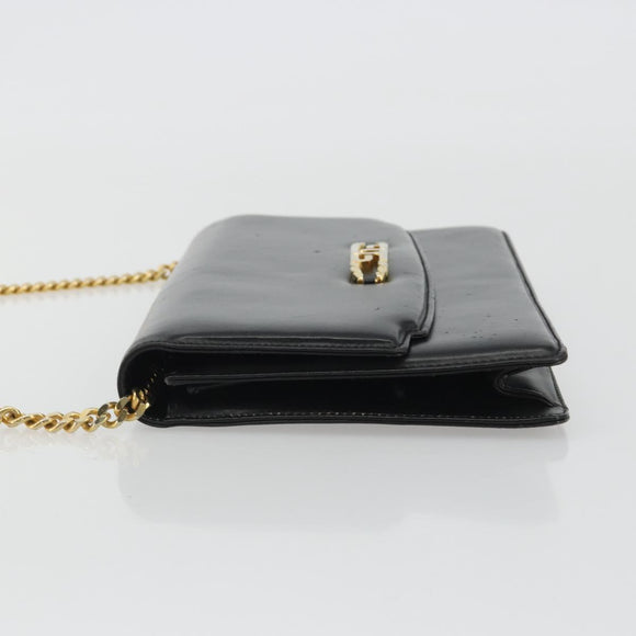 GUCCI Chain Shoulder Bag Leather Black Gold Auth ep14950