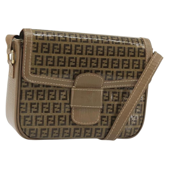 FENDI Zucchino Canvas Schoudertas Gecoat Canvas Beige Goud Auth ep14978