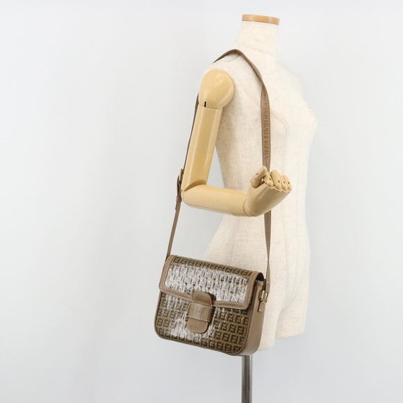 FENDI Zucchino Canvas Schoudertas Gecoat Canvas Beige Goud Auth ep14978