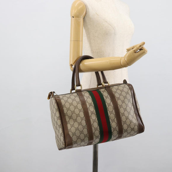 GUCCI GG Supreme Web Sherry Line Boston Bag PVC Beige Gold Auth ep15012