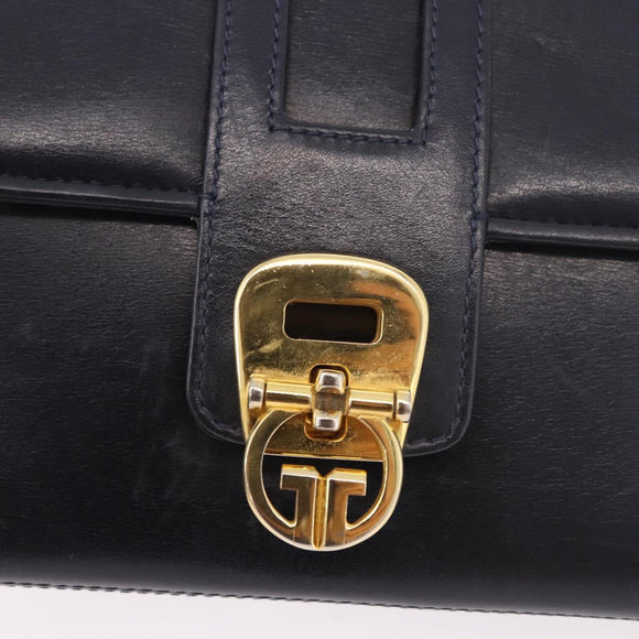 GUCCI Chain Shoulder Bag Leather Navy Gold Auth ep15061