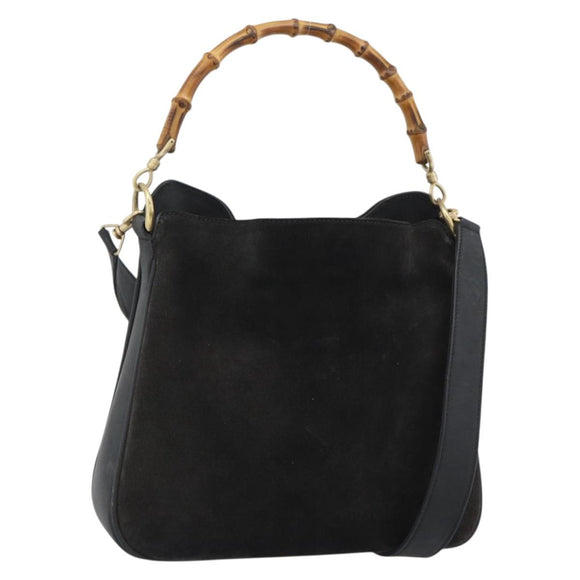 GUCCI Bamboo Shoulder Bag Suede 2way Black Gold 001 1638 2058 Auth ep15063