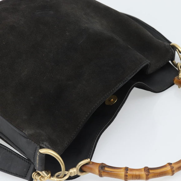GUCCI Bamboo Shoulder Bag Suede 2way Black Gold 001 1638 2058 Auth ep15063