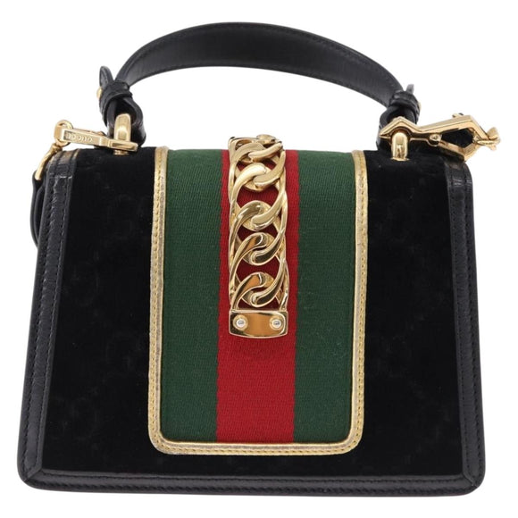 GUCCI GG Canvas Web Sherry Line Bag Velvet 2way Black Gold 470270 Auth ep15093A