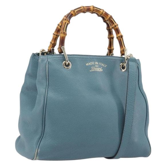 GUCCI Bamboo Hand Bag Leather 2way Blue Silver 336032 Auth ep15143