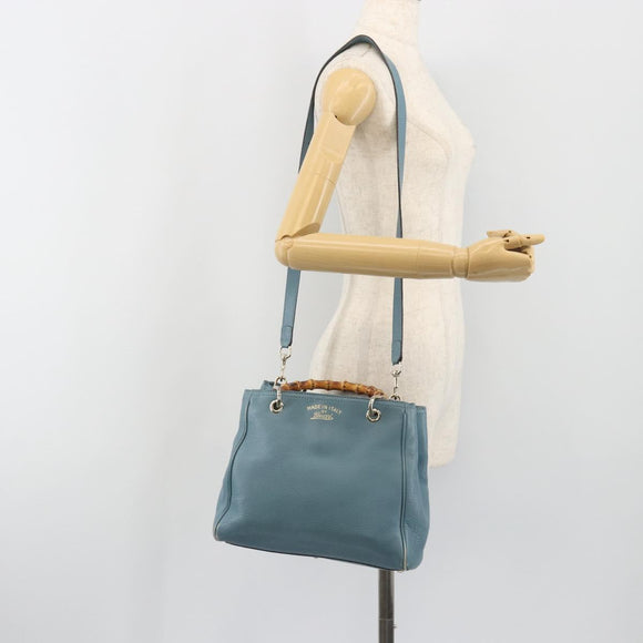 GUCCI Bamboo Hand Bag Leather 2way Blue Silver 336032 Auth ep15143