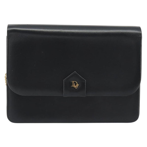 Christian Dior Chain Shoulder Bag Leather Black Gold Tone Auth ep15162