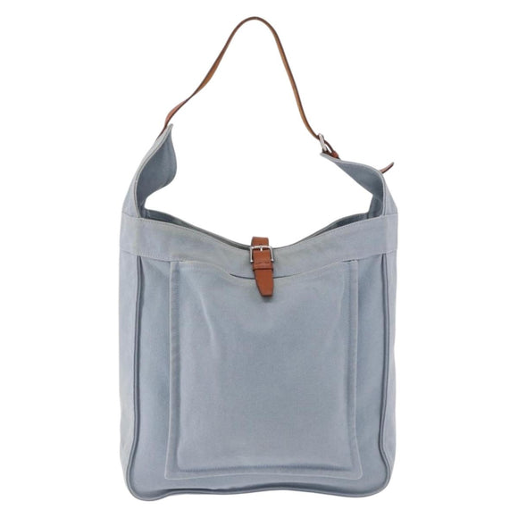 HERMES Marwali GM Shoulder Bag Canvas Light Blue Silver Auth ep15167