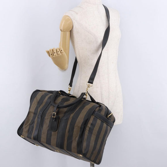 FENDI Pecan Canvas Boston Bag 2way Black Gold Tone Auth ep15183