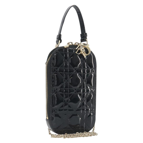 Christian Dior Cannage Phone Holder Chain Shoulder Bag Patent Black Auth ep15212