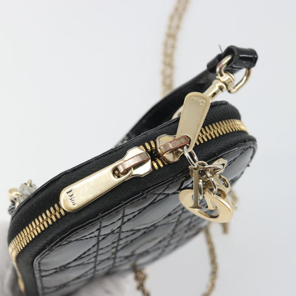 Christian Dior Cannage Phone Holder Chain Shoulder Bag Patent Black Auth ep15212