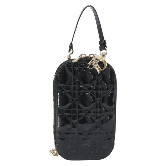 Christian Dior Cannage Phone Holder Chain Shoulder Bag Patent Black Auth ep15212