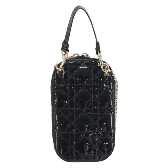 Christian Dior Cannage Phone Holder Chain Shoulder Bag Patent Black Auth ep15212