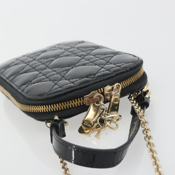 Christian Dior Cannage Phone Holder Chain Shoulder Bag Patent Black Auth ep15212